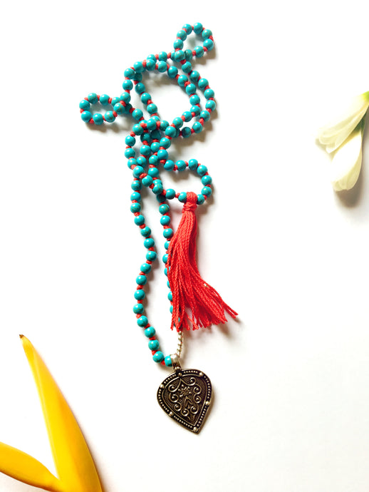 Tejas Japa Mala. Turquoise 108 beads with sterling silver