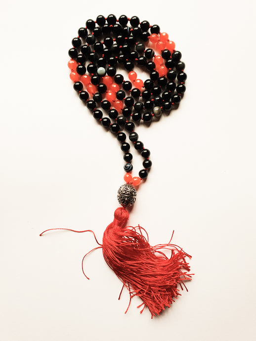 Ishan 108 beads Japa Mala - Black onyx and Carnelian 108 beads