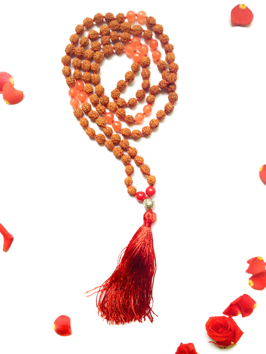Bodhi Japa Mala - Rudraksha and Carnelian 108 beads